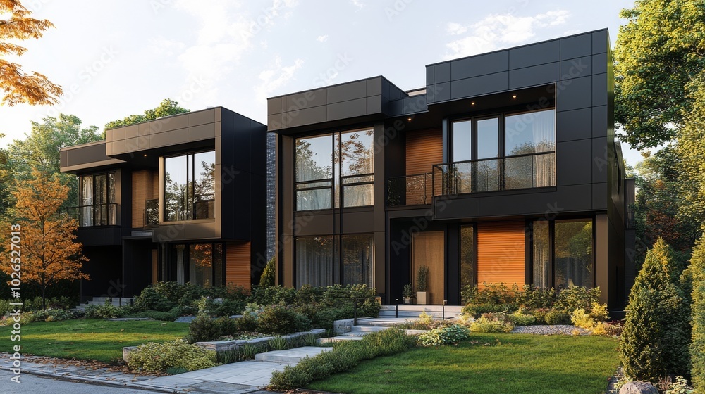 Modern townhouse complex surrounded by lush greenery in a peaceful neighborhood on a sunny day Modern townhouse complex surrounded by lush greenery in a peaceful neighborhood on a sunny day
