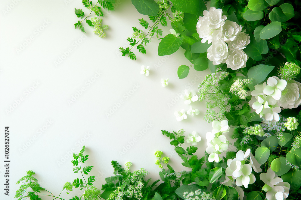 Fototapeta premium A vibrant arrangement of white flowers nestled among varied green leaves forms a peaceful and calming composition, perfect for enhancing any space or design concept