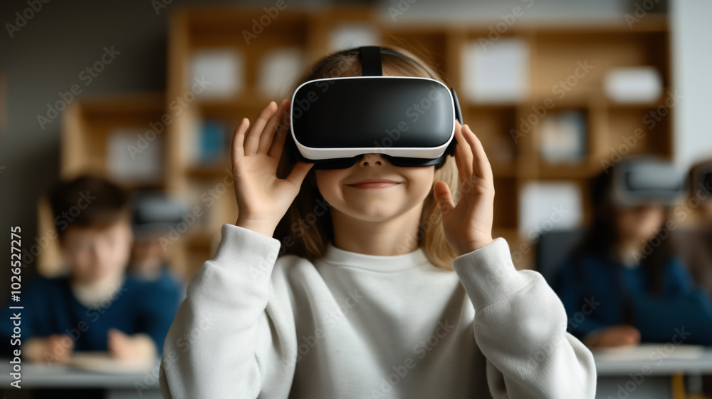 Young girl using virtual reality headset in a classroom setting with blurred background of students. Young girl using virtual reality headset in a classroom setting with blurred background of students.