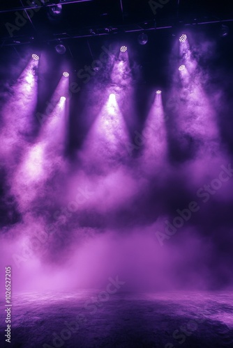 Dramatic purple lighting fills a stage with mist during a theatrical performa...