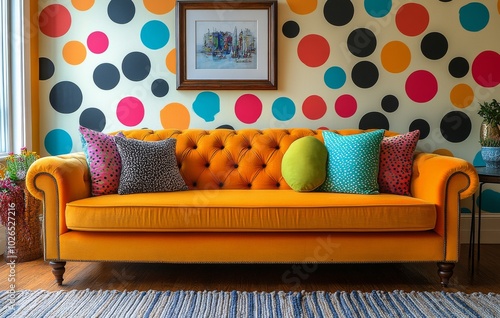 Yellow sofa with polka dot cushions in a vibrant, patterned modern room