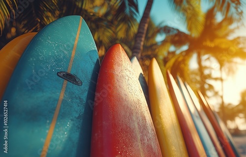 Colorful surfboards lined up against a backdrop of palm trees at sunset by th...