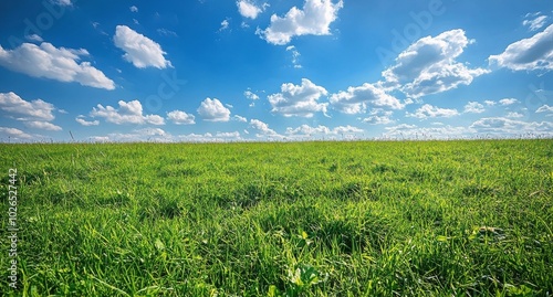 Lush green meadow under a bright blue sky filled with fluffy white clouds on ...