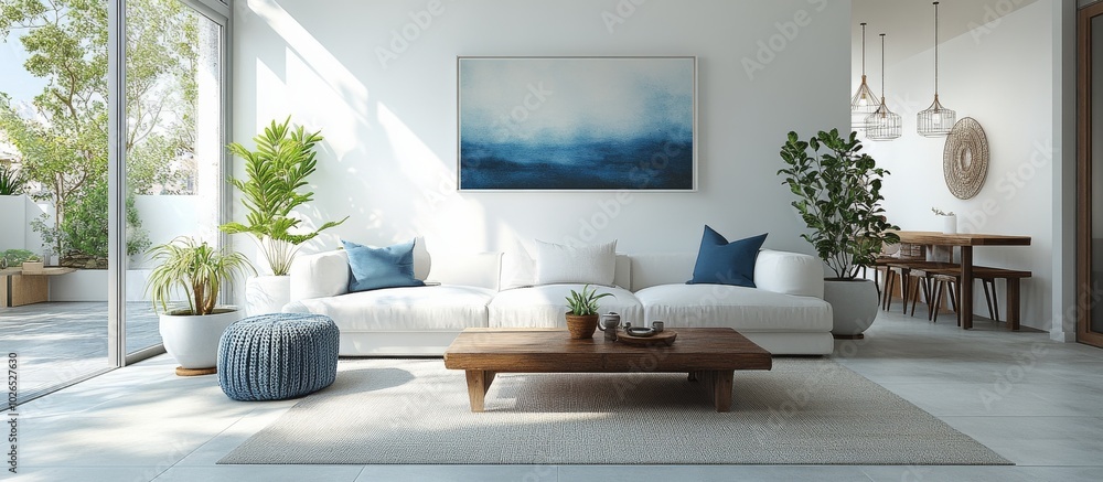 © olegganko - Stylish modern living room featuring a white couch and blue accents in a bright, minimalistic space © olegganko - Stylish modern living room featuring a white couch and blue accents in a bright, minimalistic space