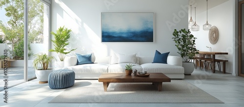 Stylish modern living room featuring a white couch and blue accents in a brig...