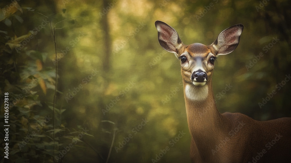 A deer is standing in a forest with its head up. The deer is brown and has a black nose A deer is standing in a forest with its head up. The deer is brown and has a black nose