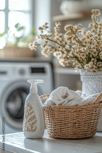 Cleaning supplies and laundry in a cozy, well lit laundry room with plants