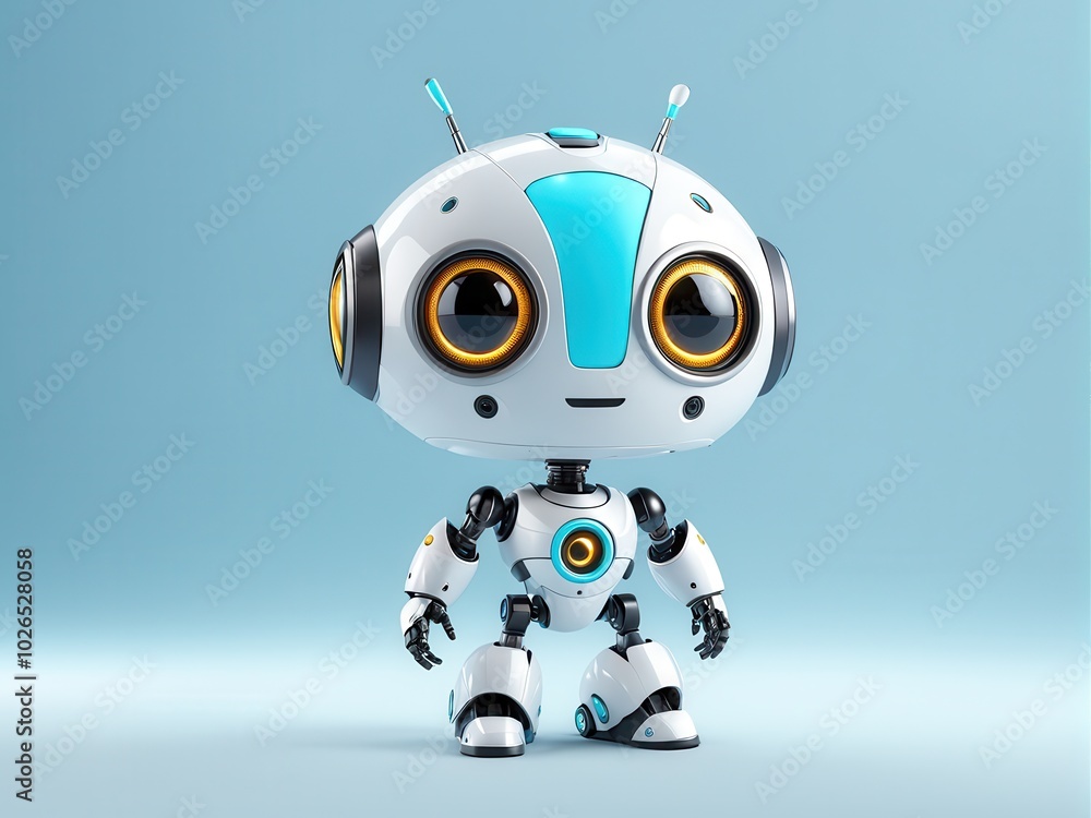 A cute, futuristic robot character with large eyes and a friendly appearance. A cute, futuristic robot character with large eyes and a friendly appearance.