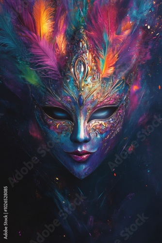 Colorful and intricate mask adorned with feathers for a festive celebration a...