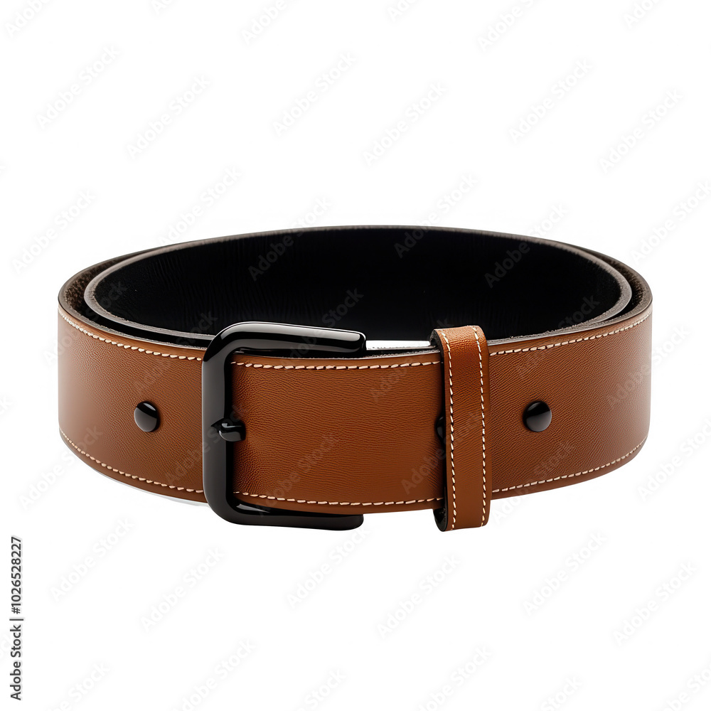 Brown leather belt with black interior, isolated on white background. Brown leather belt with black interior, isolated on white background.