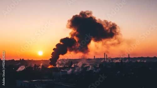 Industrial Smoke Against Sunset Sky Background