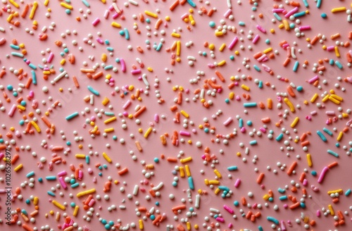 Colorful candy sprinkles scattered on a pink background for festive celebrati...
