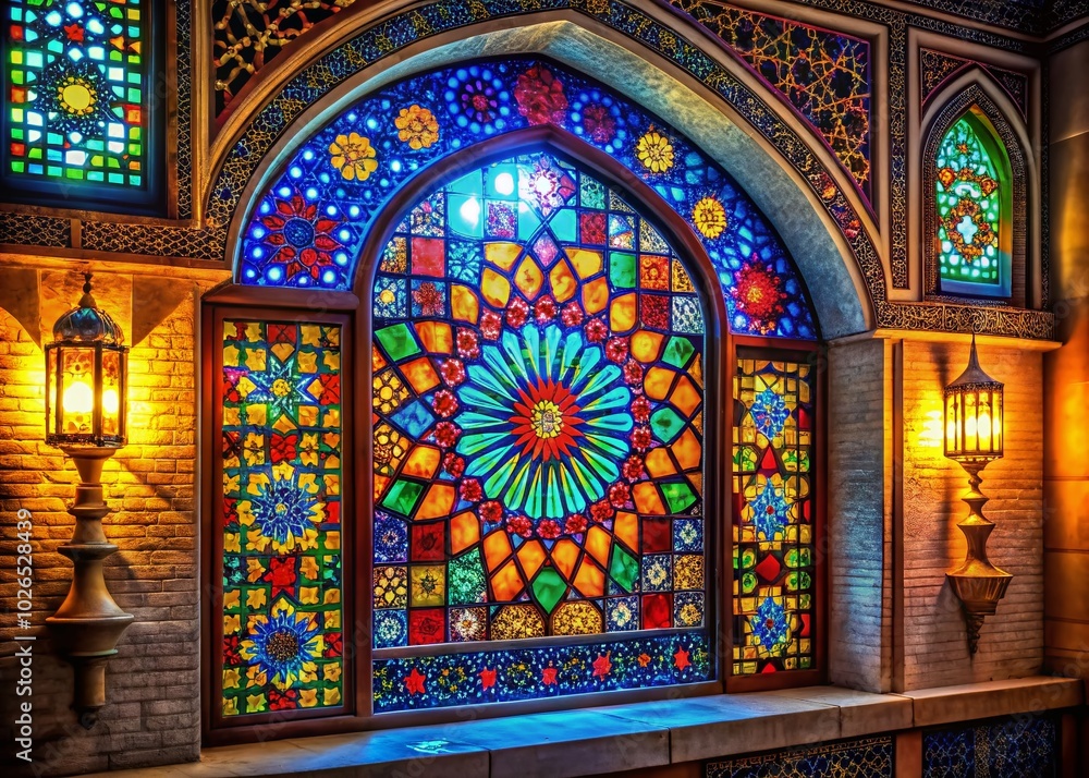 Obraz premium A stunning HDR image of a vibrant mosaic window, showcasing intricate and colorful architectural artistry that captivates the eye and enhances any
