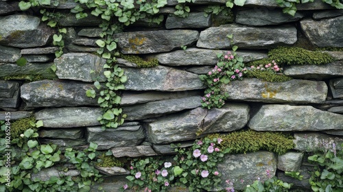 Stone Wall Covered in Green Vines and Pink Flowers