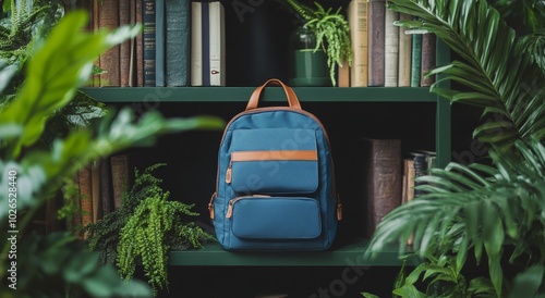 Stylish blue backpack on a bookshelf surrounded by plants and books in a cozy...