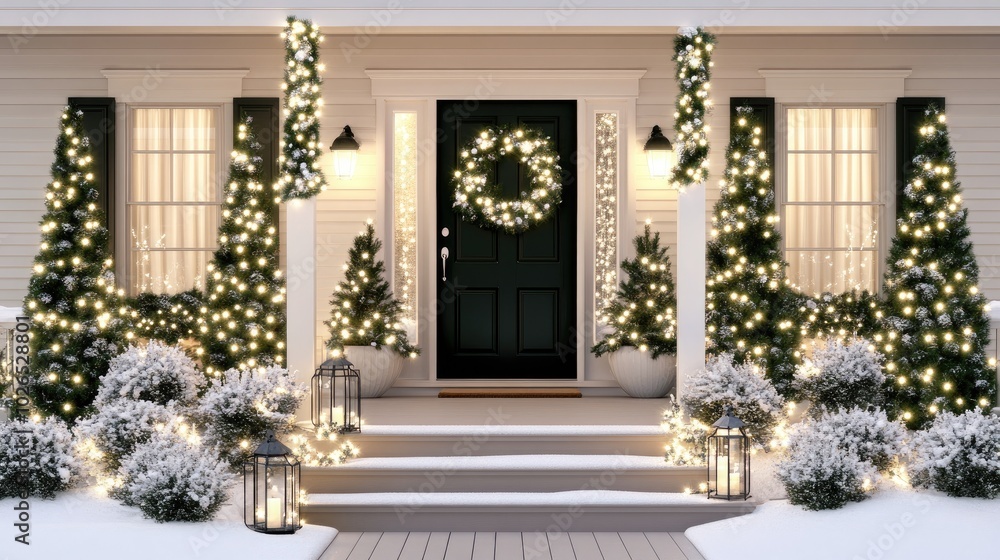 The front porch radiates warmth with soft white lights, surrounded by snow-covered plants, creating a magical winter wonderland for the holidays The front porch radiates warmth with soft white lights, surrounded by snow-covered plants, creating a magical winter wonderland for the holidays