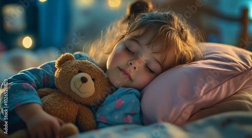 A young girl peacefully sleeps with her teddy bear in a cozy bedroom during n...