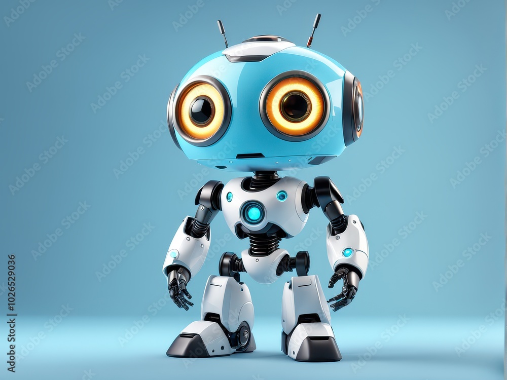 A cute, friendly robot character with large eyes and a playful design. A cute, friendly robot character with large eyes and a playful design.