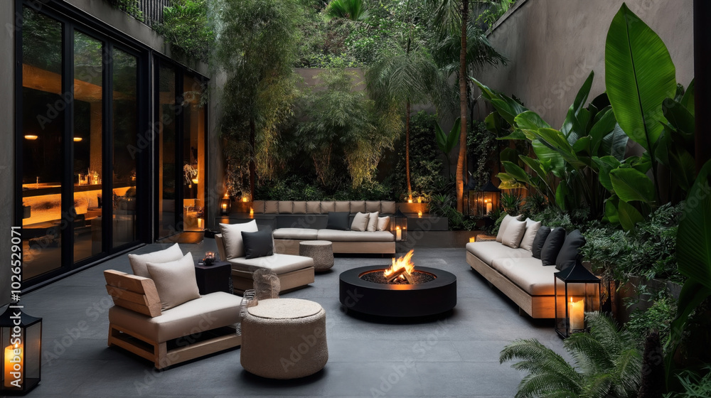 Modern outdoor patio with luxurious seating, a central fire pit, lush greenery, and soft ambient lighting, featuring a glass wall reflecting warm indoor lighting. Modern outdoor patio with luxurious seating, a central fire pit, lush greenery, and soft ambient lighting, featuring a glass wall reflecting warm indoor lighting.