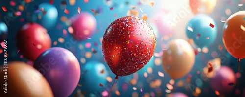 Colorful balloons with confetti celebrating a festive occasion in vibrant atm...