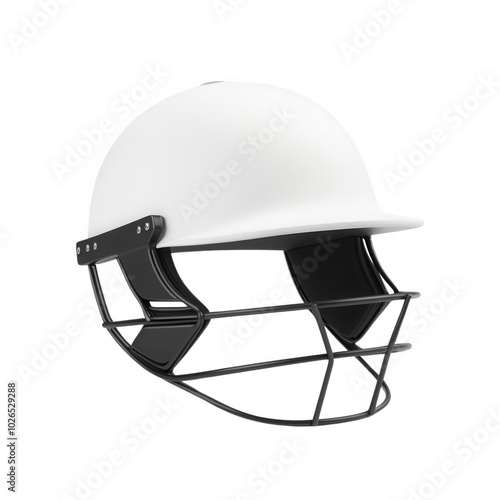 White cricket helmet with black grill, isolated on white background. photo