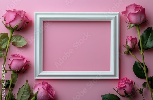 Delicate pink roses surrounding an empty white frame on a soft pink background