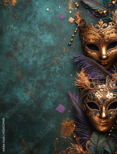 A vibrant masquerade mask adorned with feathers and jewels set against a text...