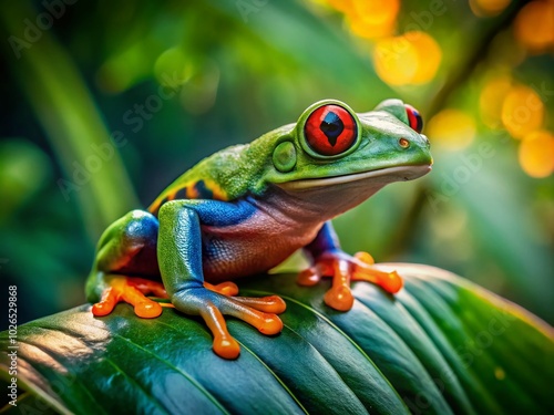 Frog Traveler Exploring Nature: A Charming Adventure in the Wild with a Colorful Frog on a Leaf Amidst