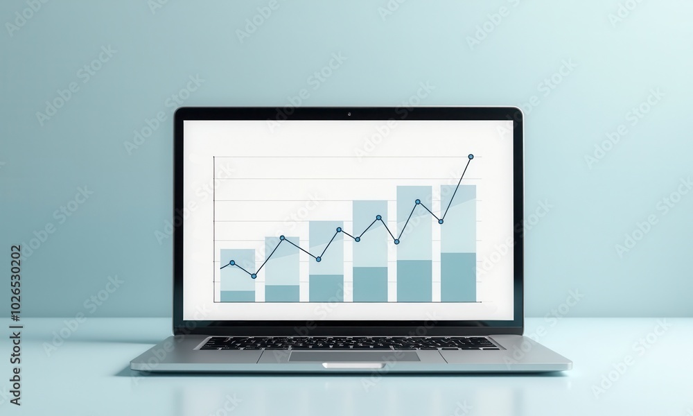 Laptop displaying a financial graph with rising trends. Laptop displaying a financial graph with rising trends.