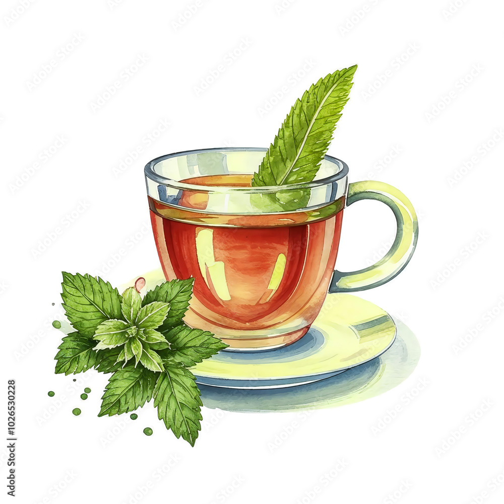 hot tea with mint in a transparent glass cup. a delicious herbal drink. watercolor illustration. artificial intelligence generator, AI, neural network image. background for the design. hot tea with mint in a transparent glass cup. a delicious herbal drink. watercolor illustration. artificial intelligence generator, AI, neural network image. background for the design.