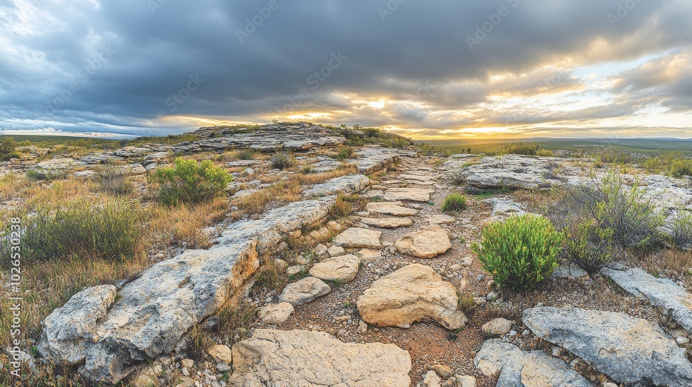 Stone Path Through Rocky Landscape at Sunset Stone Path Through Rocky Landscape at Sunset