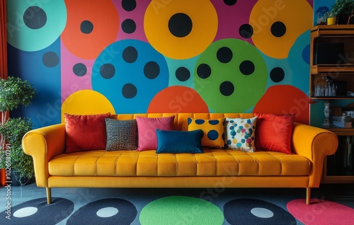 Yellow sofa with polka dot cushions in a vibrant, patterned modern room