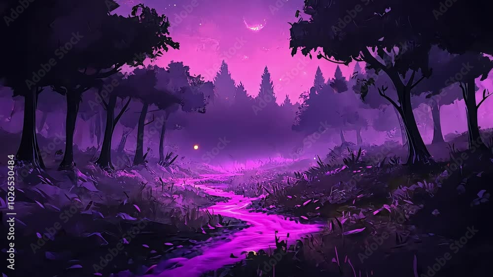 A magical forest path illuminated by glowing fireflies under a crescent moon in a purple night sky.