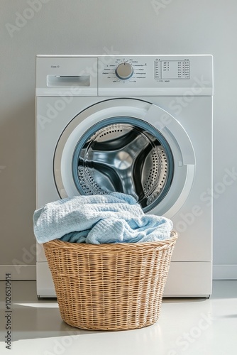 Modern laundry setup with a washing machine and a wicker basket full of towels
