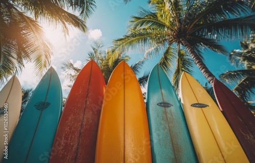 Colorful surfboards lined up against a backdrop of palm trees at sunset by th...