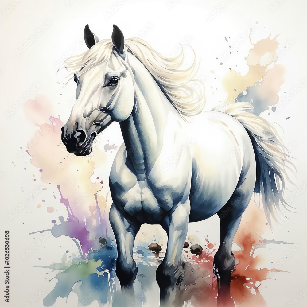 Obraz premium a beautiful graceful horse. the symbol of the year 2026. watercolor illustration. artificial intelligence generator, AI, neural network image. background for the design.