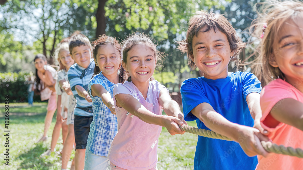 Fototapeta premium Group of a happy joyful smiling children playing together in tug-of-war with a rope in the park on sunny summer holiday 
