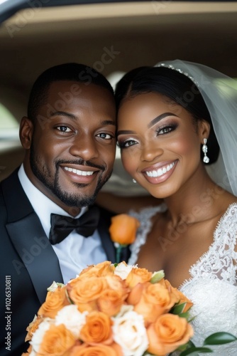 A joyful couple celebrating their wedding day with vibrant orange flowers and...