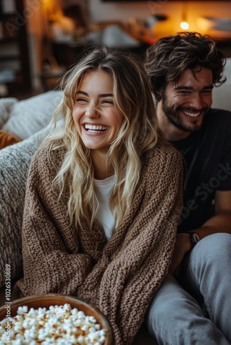 Happy couple enjoying a cozy movie night together at home with popcorn and la...