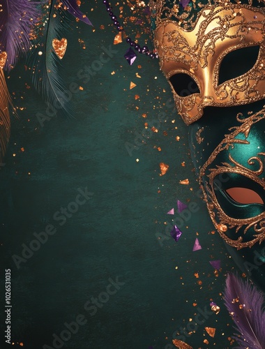 A vibrant masquerade mask adorned with feathers and jewels set against a text...