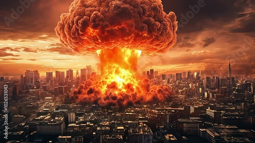 A massive mushroom cloud from a nuclear explosion rises over a city skyline.