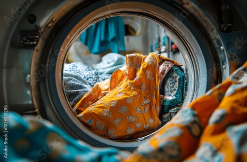 Colorful fabrics swirling in a washing machine during a bright afternoon laun...