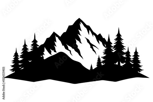 Mountain forest engraving vector silhouette | vector silhouette illustration on white background