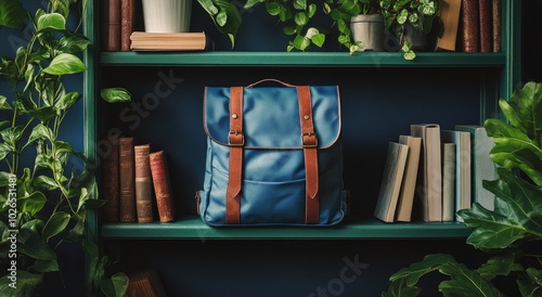 Stylish blue backpack on a bookshelf surrounded by plants and books in a cozy...