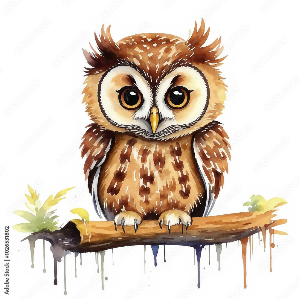 Fototapeta premium cute brown owl, forest bird, feather. watercolor illustration. artificial intelligence generator, AI, neural network image. background for the design.