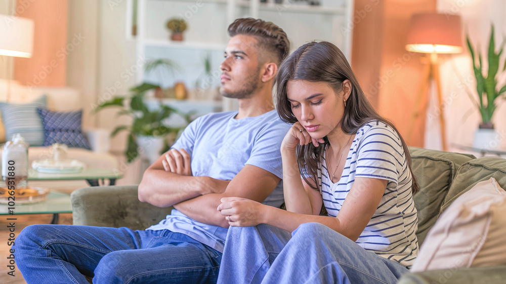Upset young couple sitting on the sofa in living room background, ignoring each other Upset young couple sitting on the sofa in living room background, ignoring each other