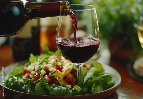 Pouring red wine into a glass beside a fresh salad during a cozy dinner gathe...