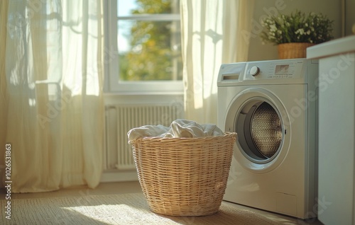 Bright laundry room with natural light shining on a washing machine and a wic...