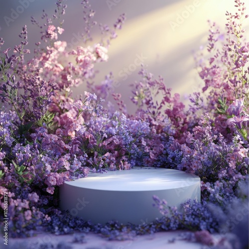 Serene floral arrangement with a circular pedestal amidst blooming flowers in...