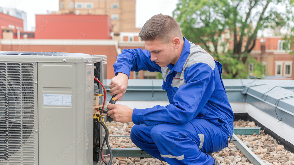 Young professional technician repairing air conditioner using screwdriver sitting on the rooftop, wearing uniform Young professional technician repairing air conditioner using screwdriver sitting on the rooftop, wearing uniform